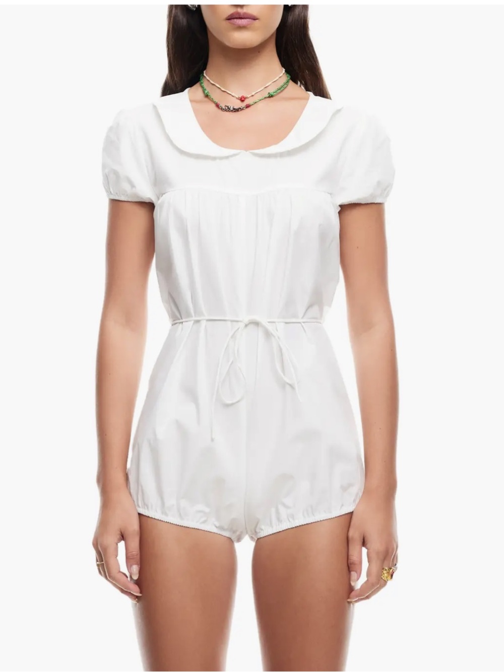 Lioness White Cotton Tie-Waist Romper with Peter Pan Collar